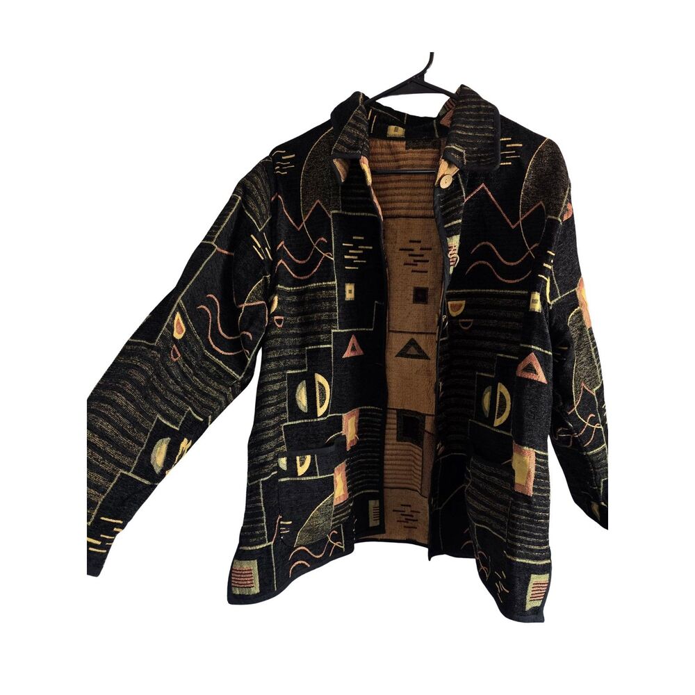 Vintage 90s Abstract Geometric Tapestry Woven Chore Jacket Button Front XL